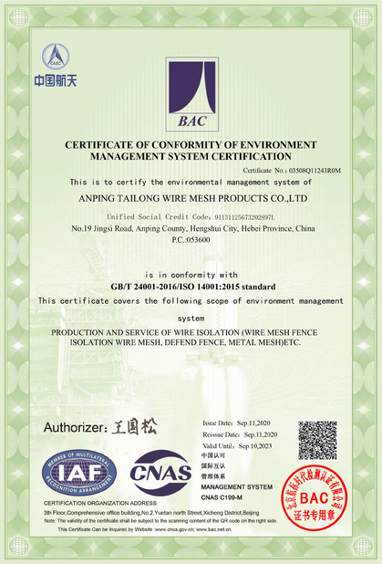 Китай Anping Tailong Wire Mesh Products Co., Ltd. Сертификаты